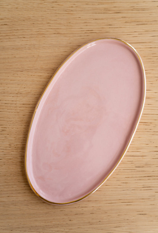 Handmade Oval Porcelain Serving Platter with Gold Rim. Powder Pink - The Peony Haus