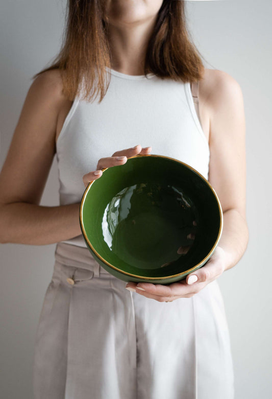 Handmade Porcelain Salad Serving Bowl with Gold Rim. Green