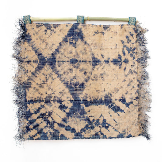 Raffia Wall Hanging - Shibori Spider Web Pattern - Denim Blue