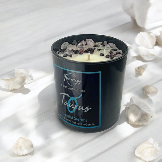 Taurus Zodiac Crystal Candle with Garnet, Crystal Quartz, and Rose Quartz | Coconut-Soy Wax Candle, 9oz