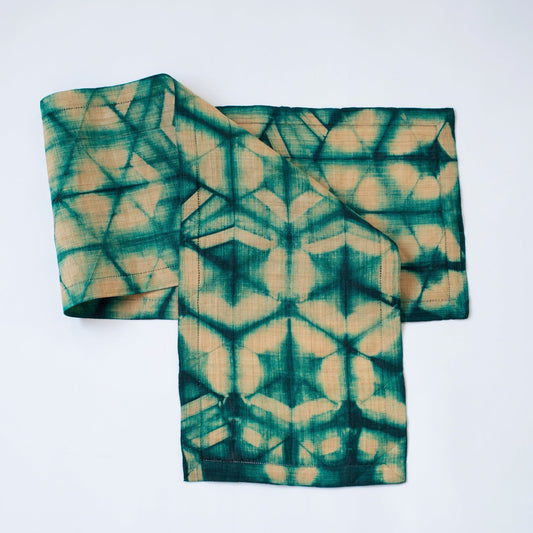 Raffia Shibori Table Runner - Turtle Pattern - Emerald