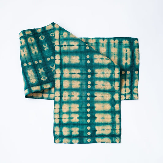 Raffia Shibori Table Runner - Cocoon & Moth Pattern - Emerald