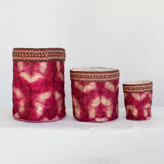 Wild Silk Shibori Baskets - Turtle Pattern - Ruby & Natural