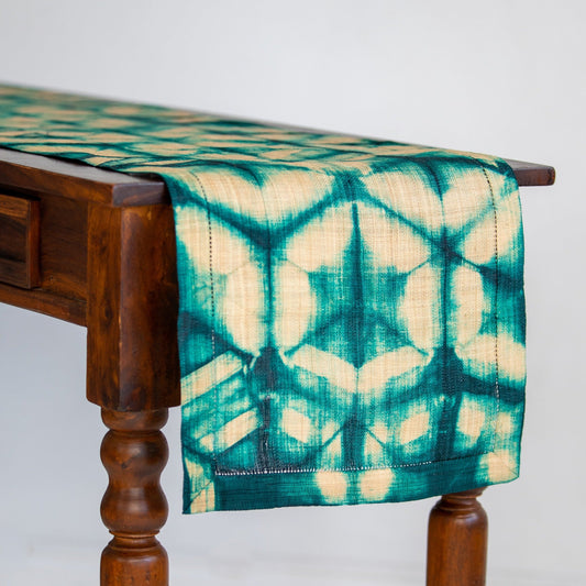 Raffia Shibori Table Runner - Turtle Pattern - Emerald