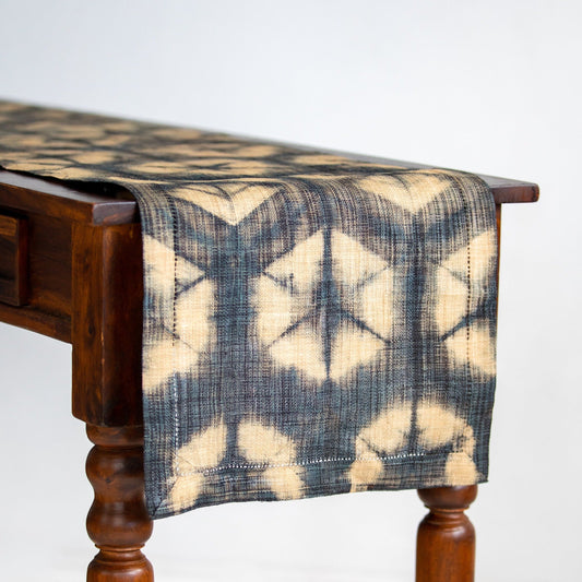 Raffia Shibori Table Runner - Turtle Pattern - Charcoal