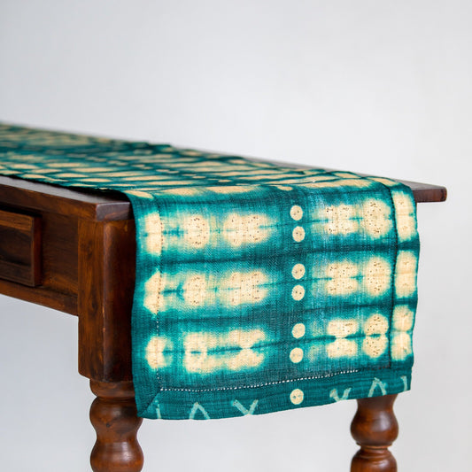 Raffia Shibori Table Runner - Cocoon & Moth Pattern - Emerald