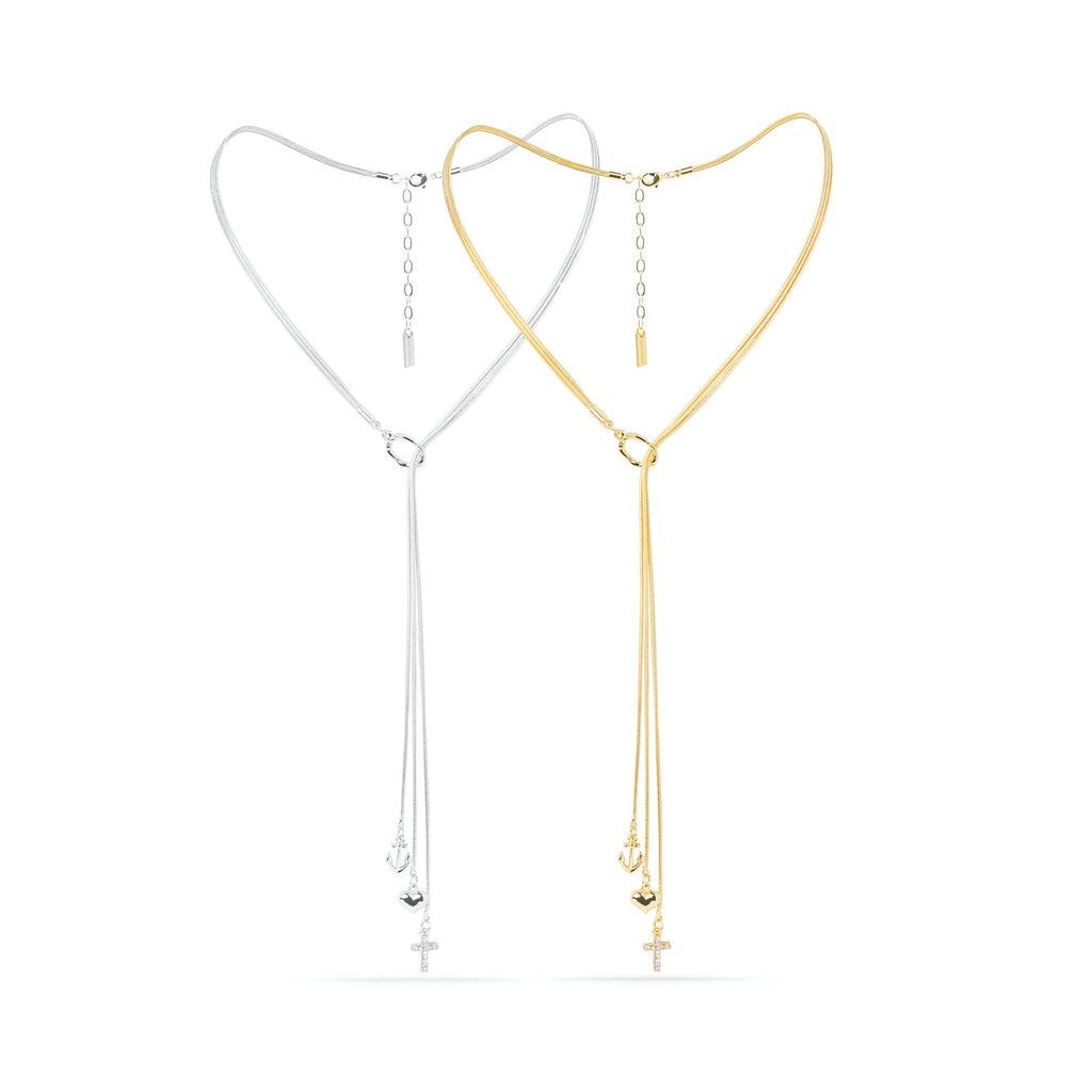 Trinity Necklace -Three Chains with Cross, Heart, and Anchor Charms