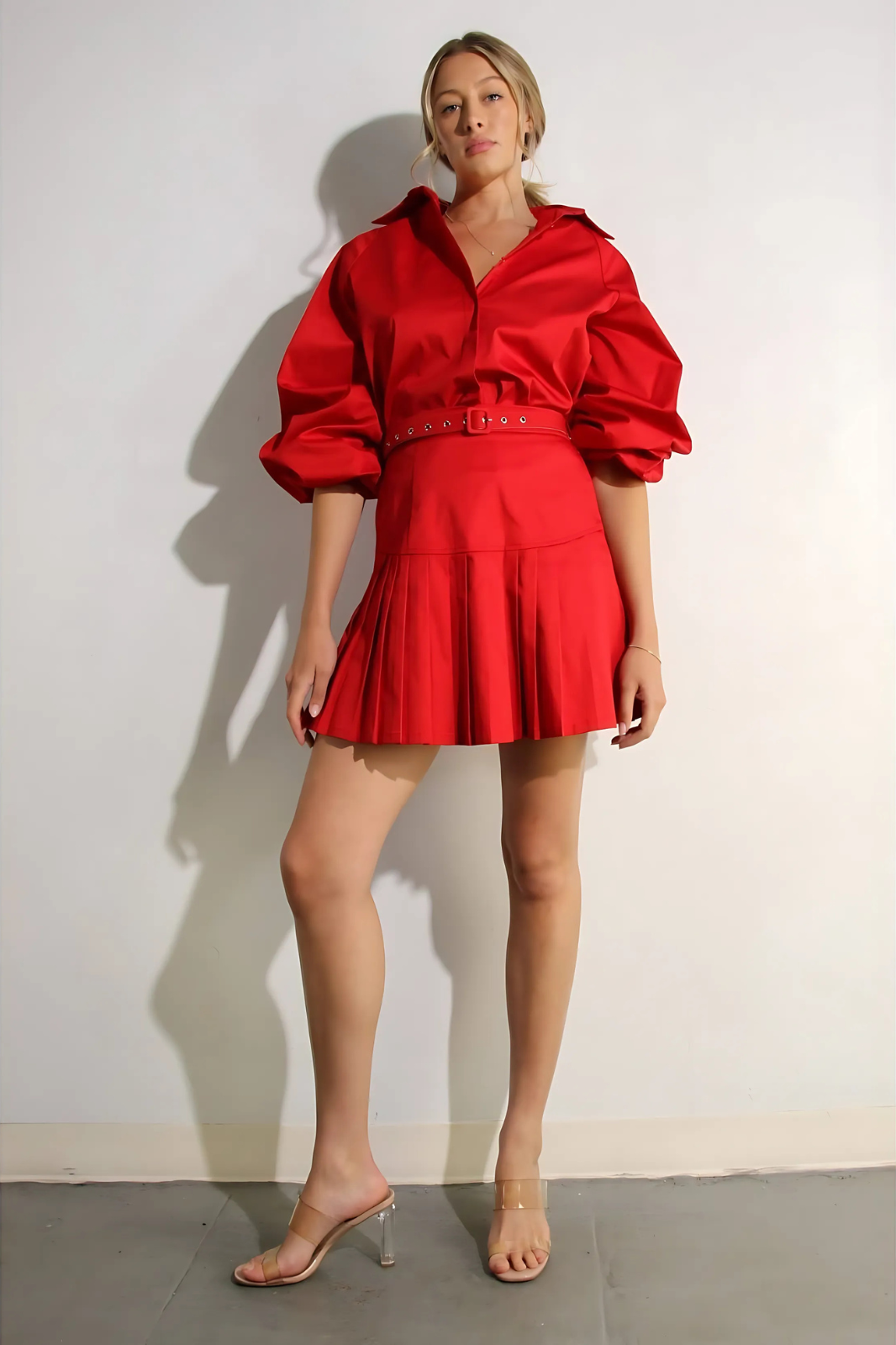Crimson Two-Piece Set: Pleated Top & Tapered Skirt | Statement Style