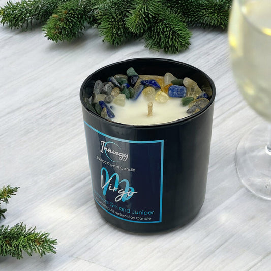 Virgo Zodiac Crystal Candle with Citrine, Lapis Lazuli, and Green Aventurine | Coconut-Soy Wax Candle, 9oz
