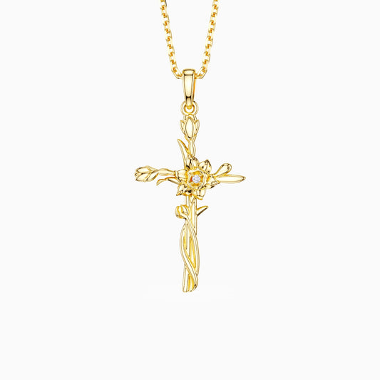 Floral Cross March Daffodils Birth Flower Necklace