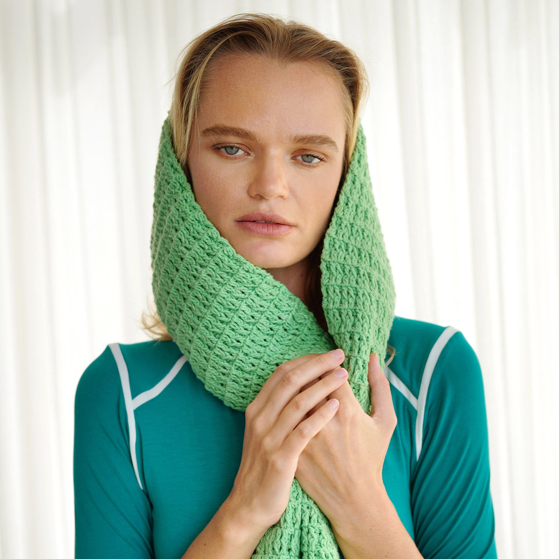 WAFFLE Crochet Scarf in Sage Green - The Peony Haus