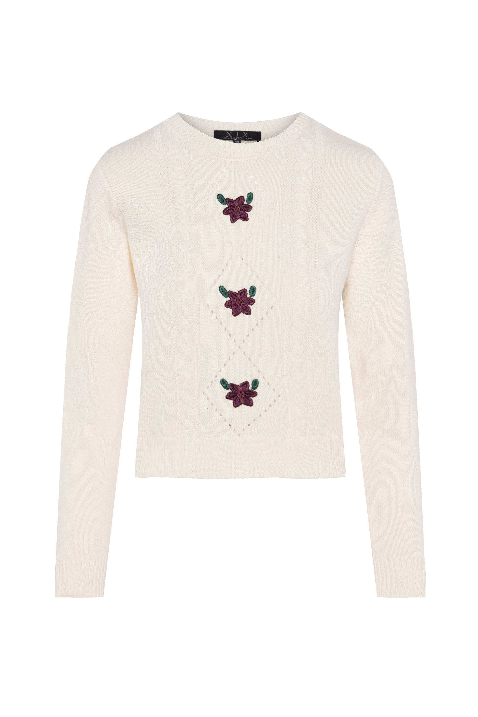 White sweater with floral embroidery on a white background