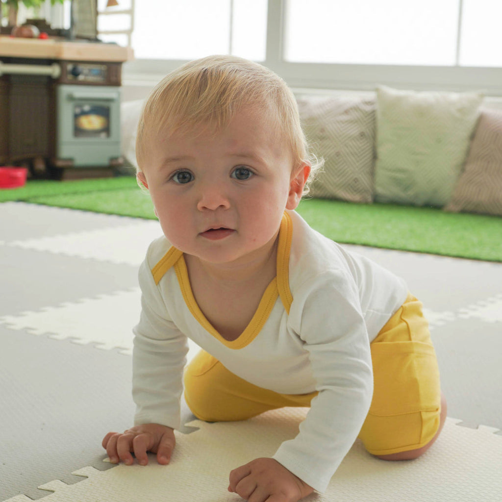 Long Sleeve Bodysuit in White with Misted Yellow