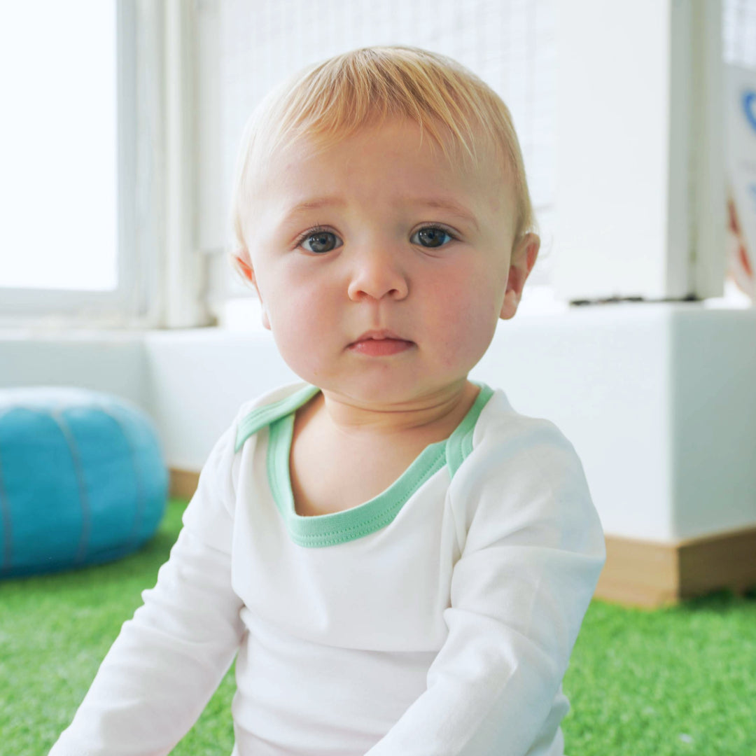 Long Sleeve Bodysuit in White with Grass Green