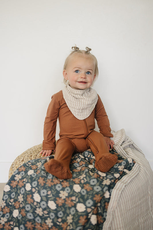 Taupe Stripe Muslin Bib - The Peony Haus