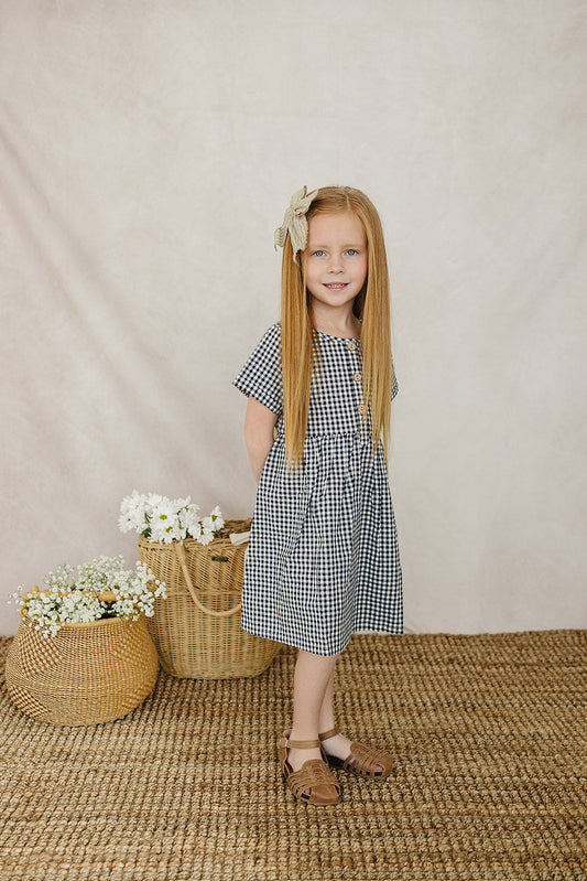 Navy Gingham Linen Cotton Dress - The Peony Haus