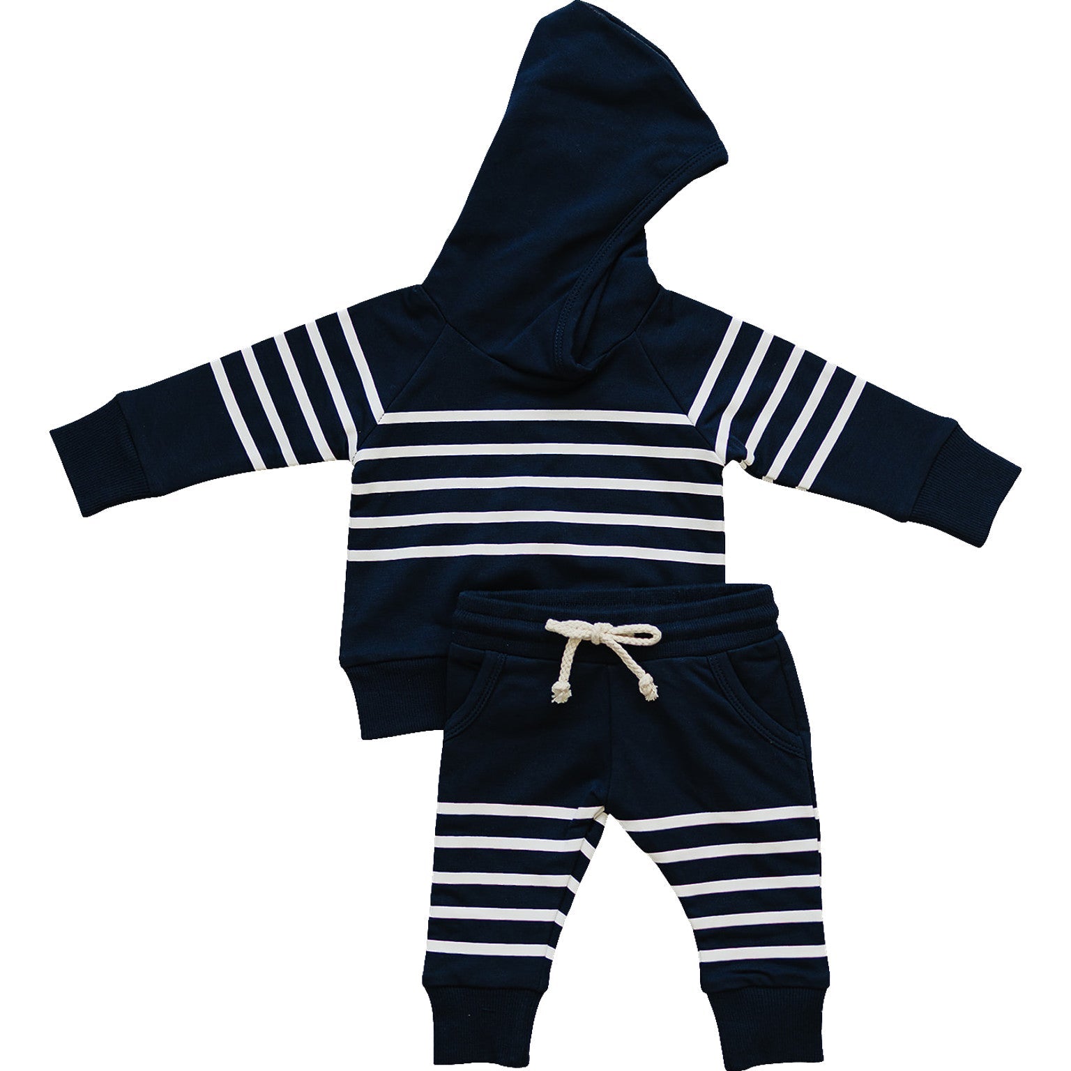 Navy Stripes Hooded French Terry Set - 95% Cotton