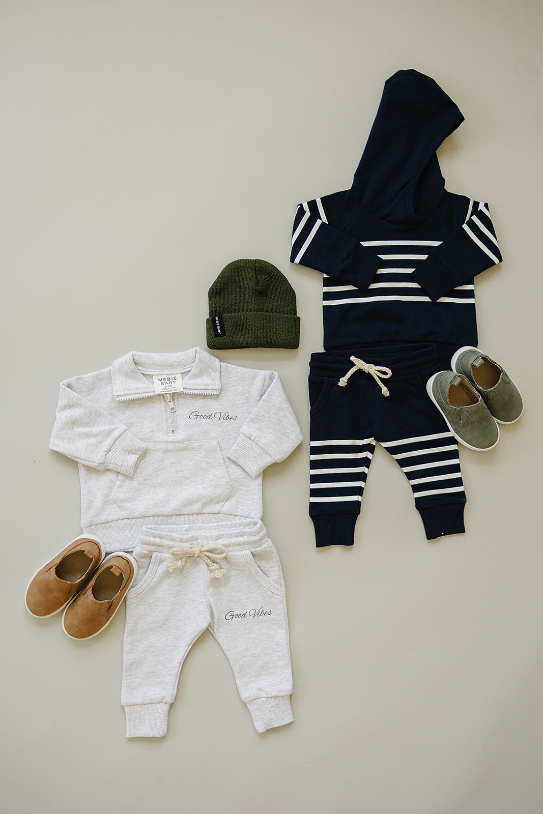 Navy Stripes Hooded French Terry Set - 95% Cotton