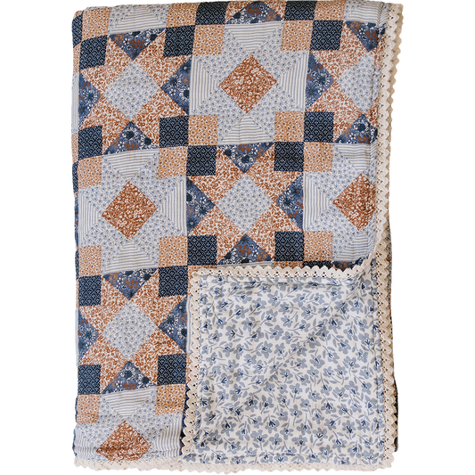 Patchwork Print + Blue Blossom Lace Twin Muslin Quilt - OEKO-TEX Certified