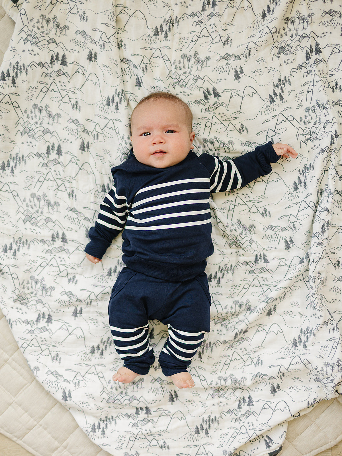 Navy Stripes Hooded French Terry Set - 95% Cotton