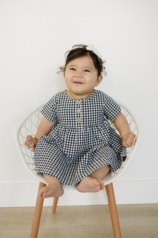 Navy Gingham Linen Cotton Dress - The Peony Haus