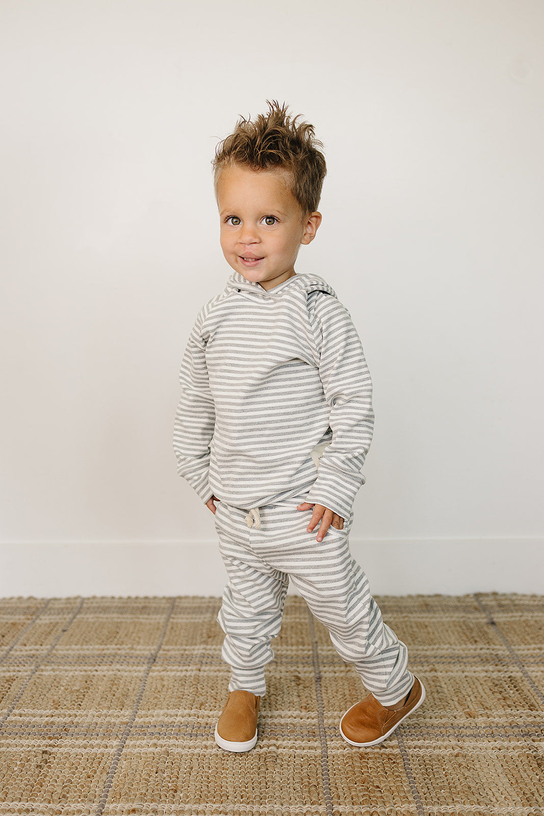 Grey Striped Hooded Set - 95% Cotton