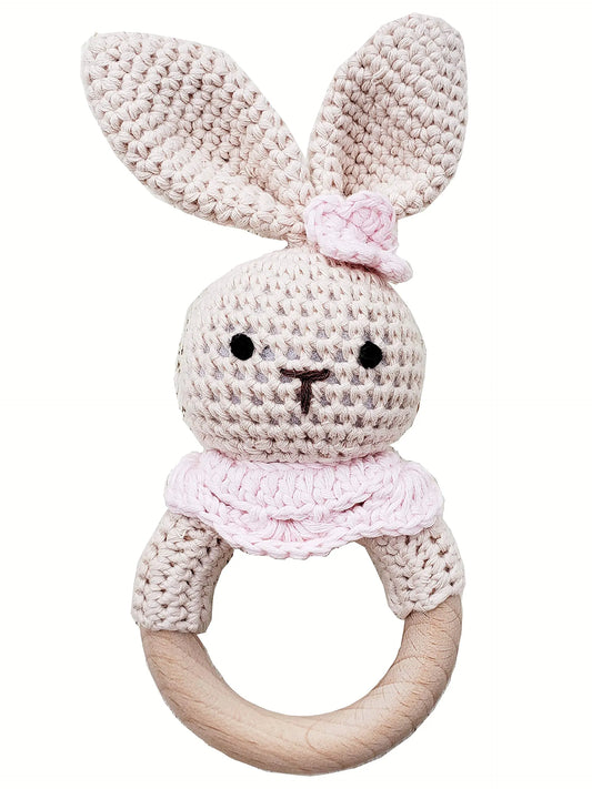 Natural Crochet Teether Toy Rattle - Handmade, Bunny - The Peony Haus