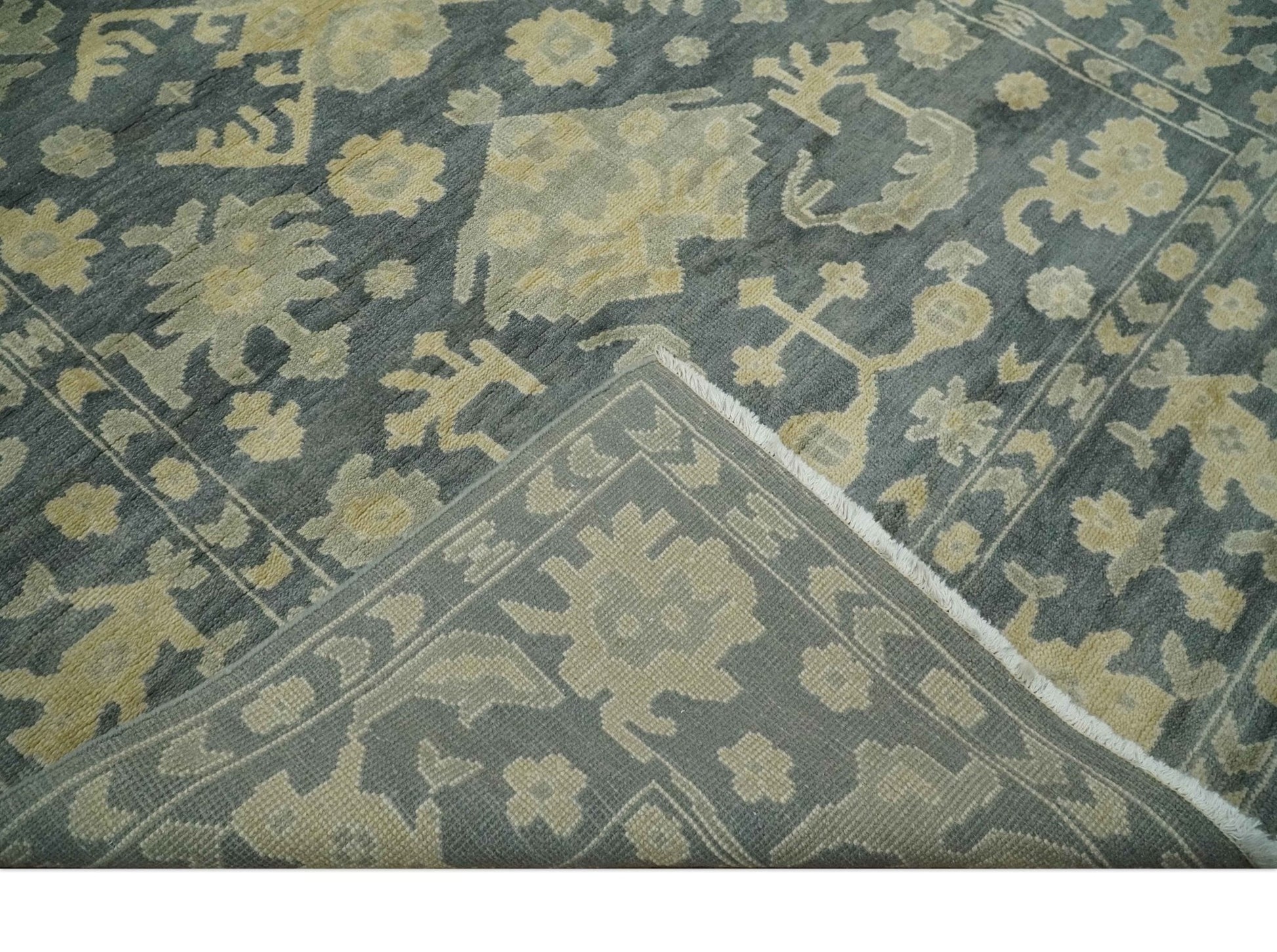 Antique Style 6x9 Hand Knotted Beige and Charcoal Traditional Wool Rug | N35669