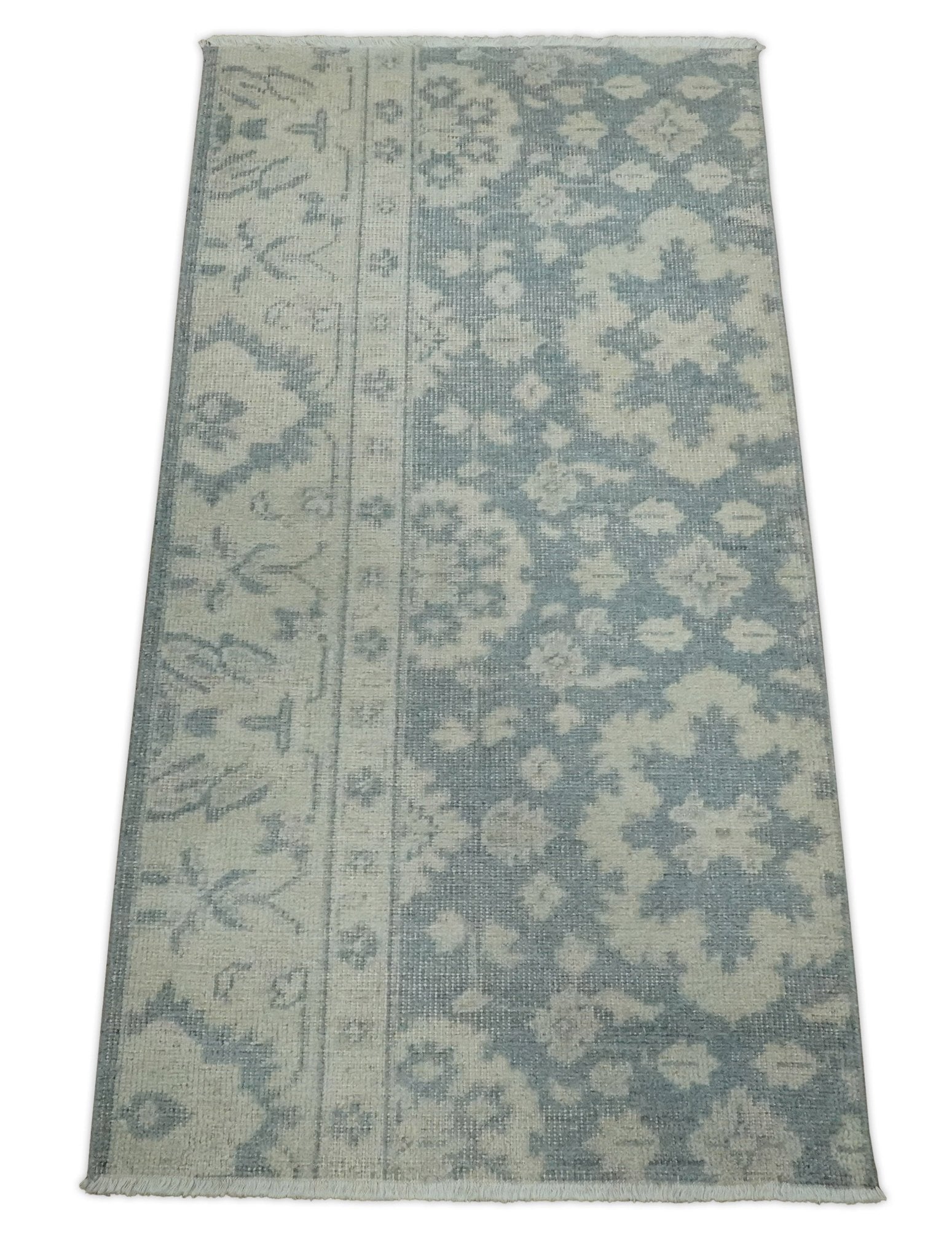 Antique Style Ivory and Charcoal Hand Knotted Traditional Oushak 2x4 wool Bedside Rug