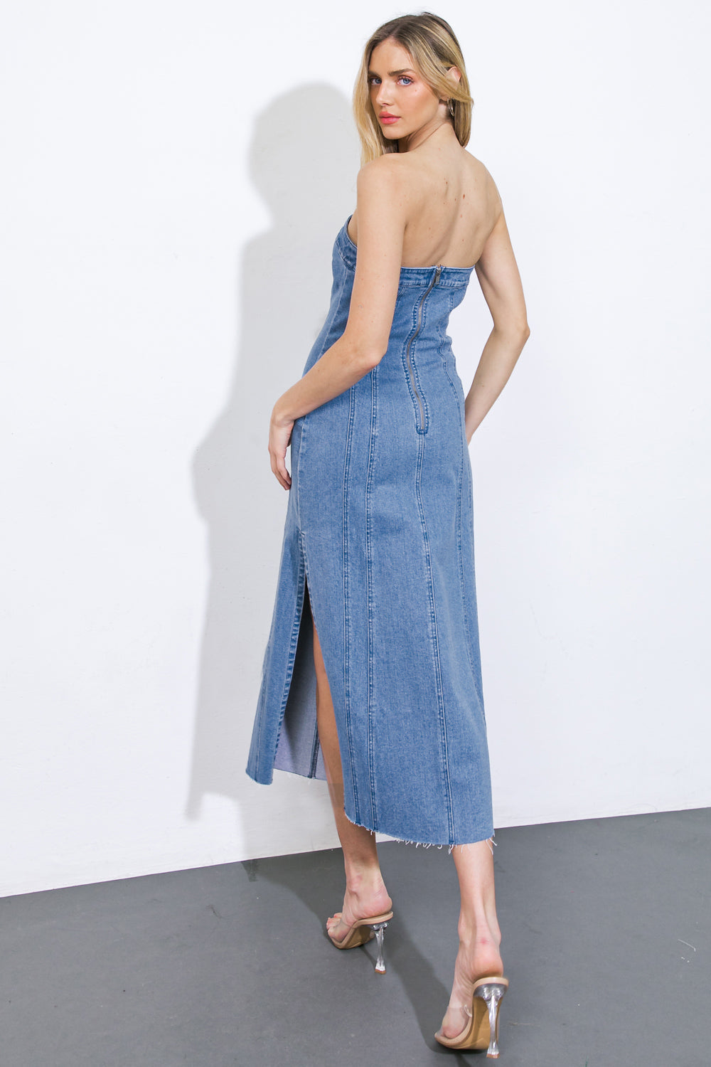 YOU'RE THRIVING DENIM MIDI DRESS - 98% Cotton