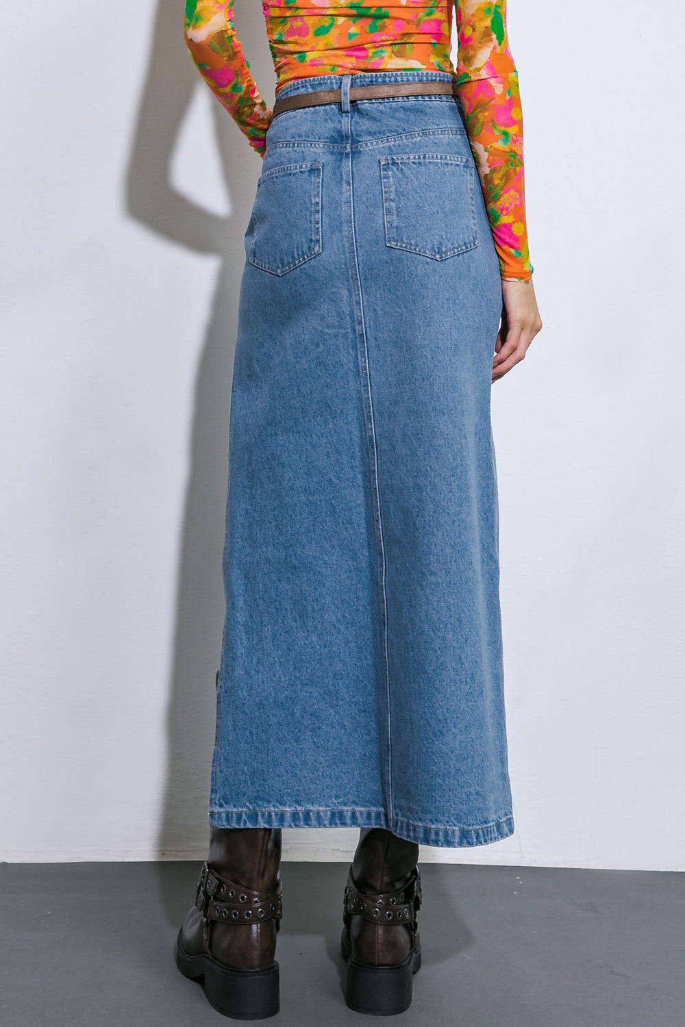 KEEP SHINING DENIM MIDI SKIRT - 92% Cotton