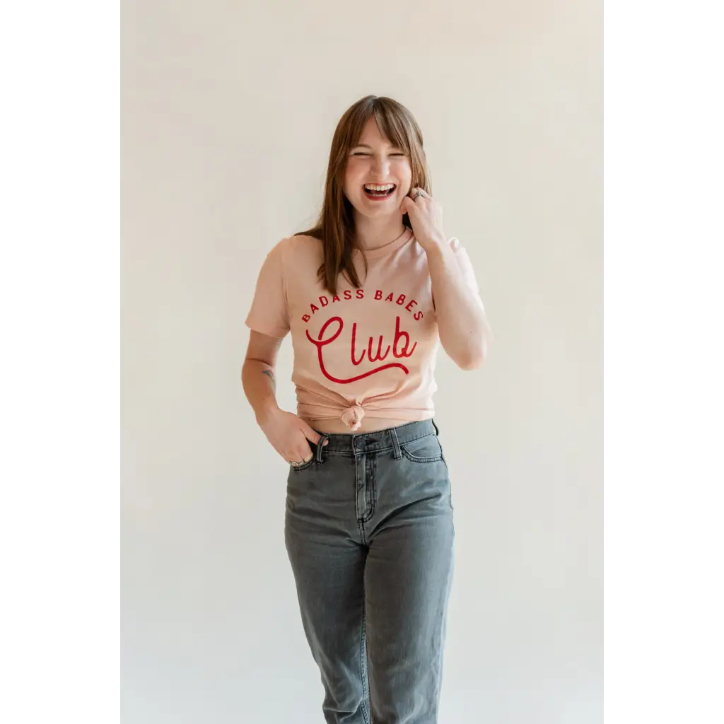 Badass Babes Club Graphic Tee in Peach with Red Text