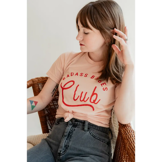 Badass Babes Club Graphic Tee in Peach with Red Text