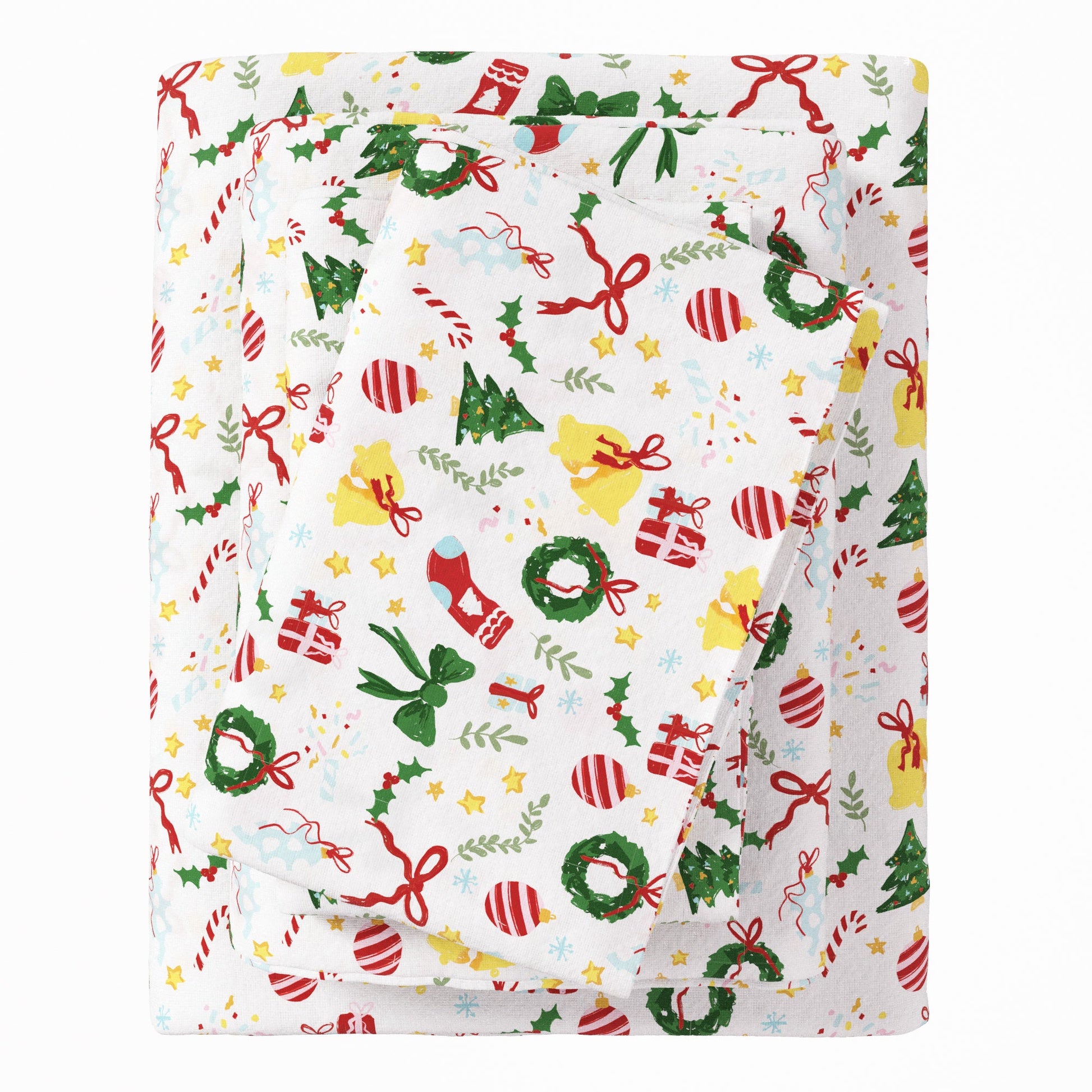 Christmas-themed fabric with wreaths, presents, and ribbons on a white background
