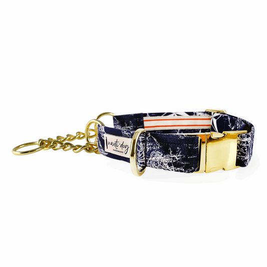 Carta Marina Navy Vintage Nautical Toile Buckle & Martingale Dog Collar