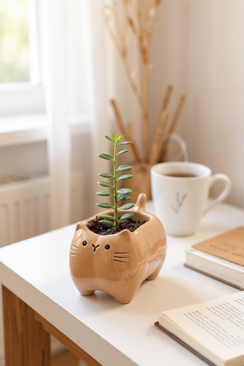 Beige Ceramic Kitty Cat Planter