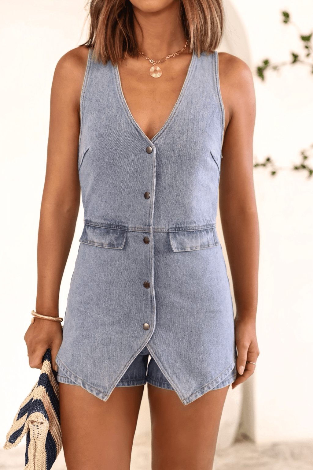 Chassidy Denim Vested Romper - FINAL SALE - 90% Cotton