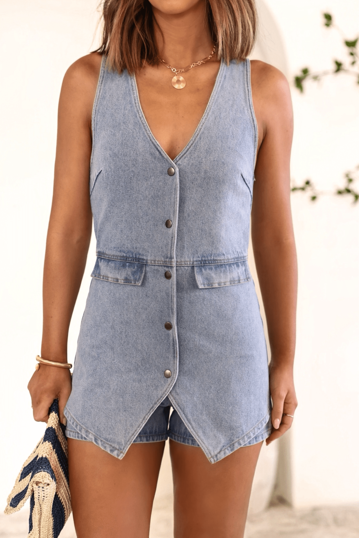 Chassidy Denim Vested Romper - FINAL SALE - 90% Cotton