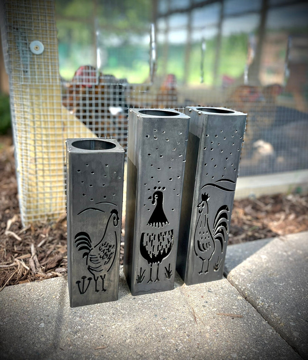 Chicken Coop Trio Rustic Pillar w/ Solar Cap | 10-inch, 12-inch, 12-inch