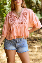 Coral Tie Front Embroidered Peplum Top - FINAL SALE