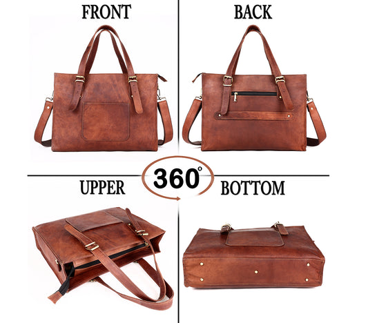 Leather Woman Laptop Handbag Large Tote Bag with Zipper - The Peony Haus