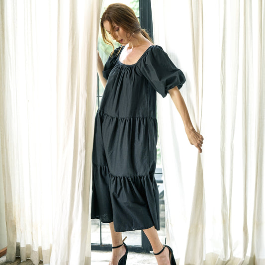 ROSEMARY Cotton Prairie Dress, in Black - The Peony Haus