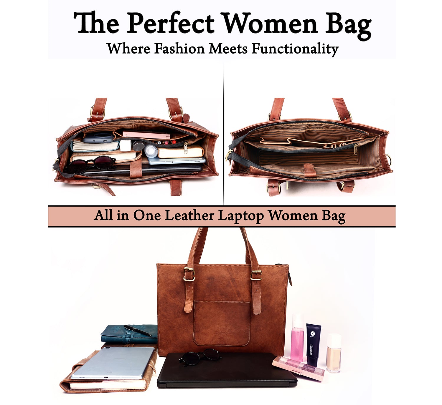 Leather Woman Laptop Handbag Large Tote Bag with Zipper - The Peony Haus