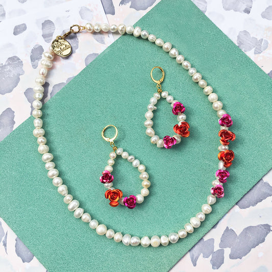 Rose Pearl Earrings + Necklace - The Peony Haus