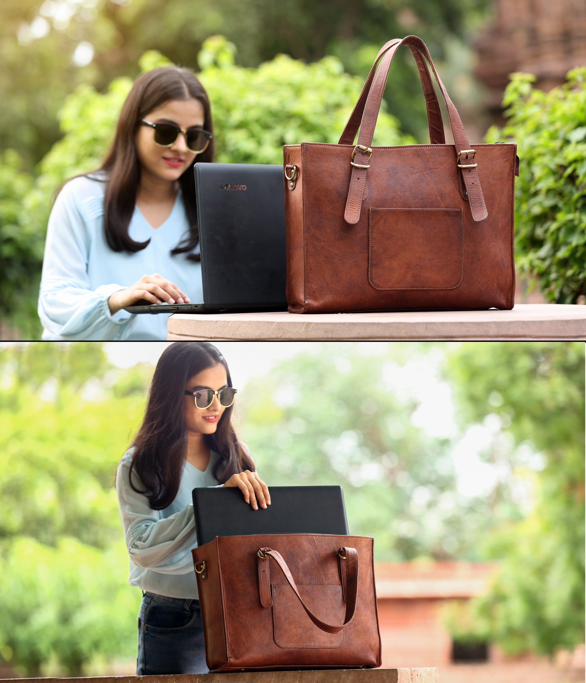 Leather Woman Laptop Handbag Large Tote Bag with Zipper - The Peony Haus
