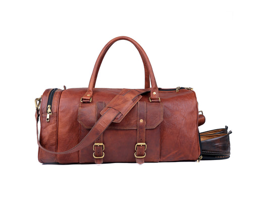 Handmade Genuine Leather Travel Duffel Bag with Shoe Compartment - The Peony Haus