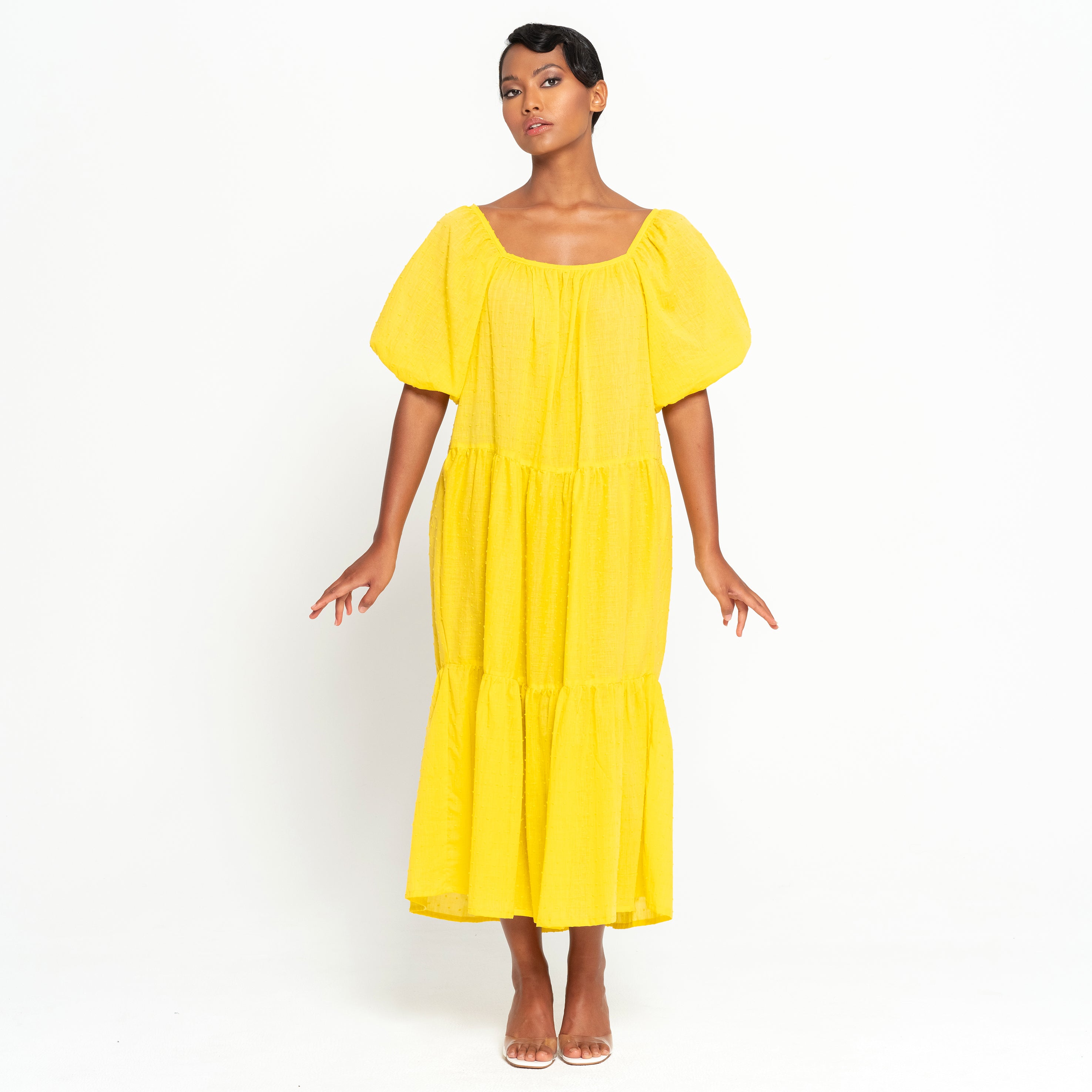 ROSEMARY Dotted Cotton Dress, in Sunflower Yellow - The Peony Haus