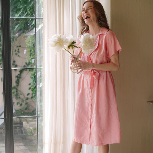 ARYA Safari Linen Midi Dress, in Salmon Pink - The Peony Haus