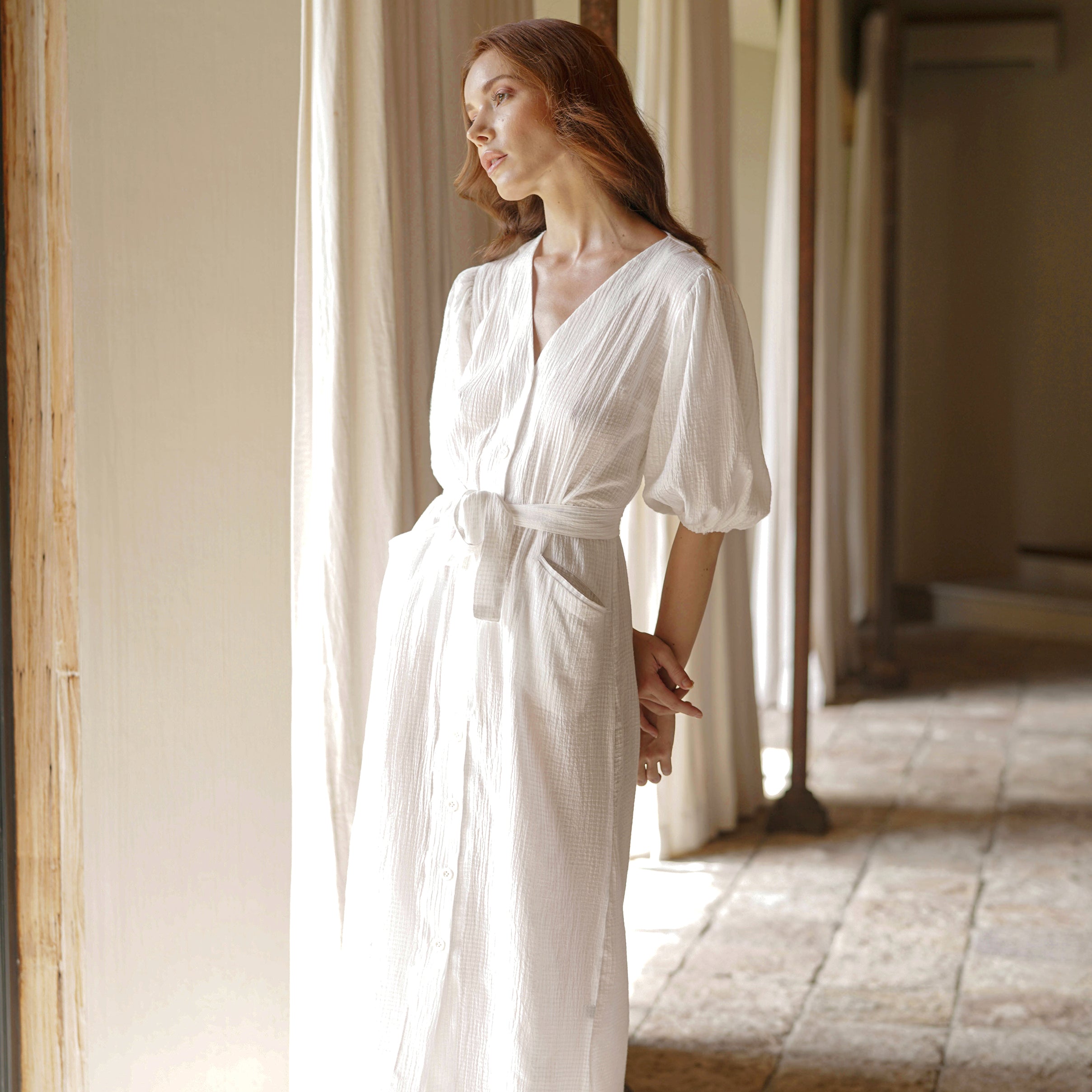 Meghan Crinkle Midi Dress, in Off-White - The Peony Haus