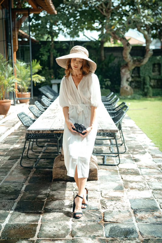 Meghan Crinkle Midi Dress, in Off-White - The Peony Haus